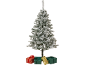 Beflockter Weihnachtsbaum mit Geschenken in rotem, grünem und goldenem Papier.