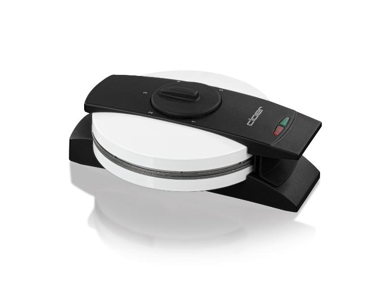 Schwarz-weißer Waffeleisen mit Drehregler und Kontrollleuchten.