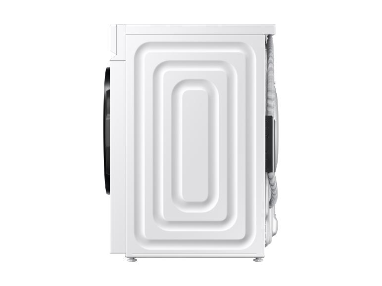 Weiße Waschmaschine, Seitenansicht, mit minimalistischem Design.