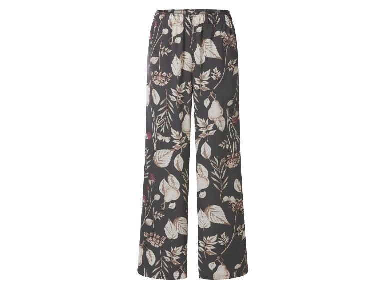 Damen-Hose mit weitem Bein und dunkelgrauem Hintergrund, bedruckt mit Blättern, Birnen und Beeren.