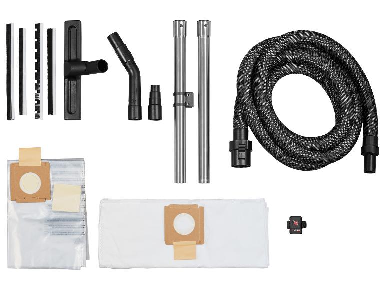 PARKSIDE PERFORMANCE® Werkstattsauger-Zubehör: Schlauch, Rohre, Düsen, Filter und Fernbedienung.