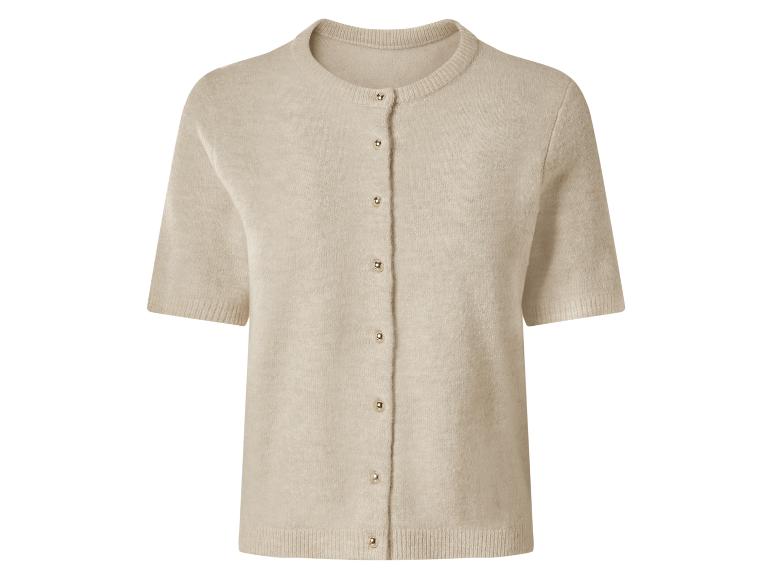 Kurzärmelige beigefarbene Strickjacke mit Goldknöpfen.