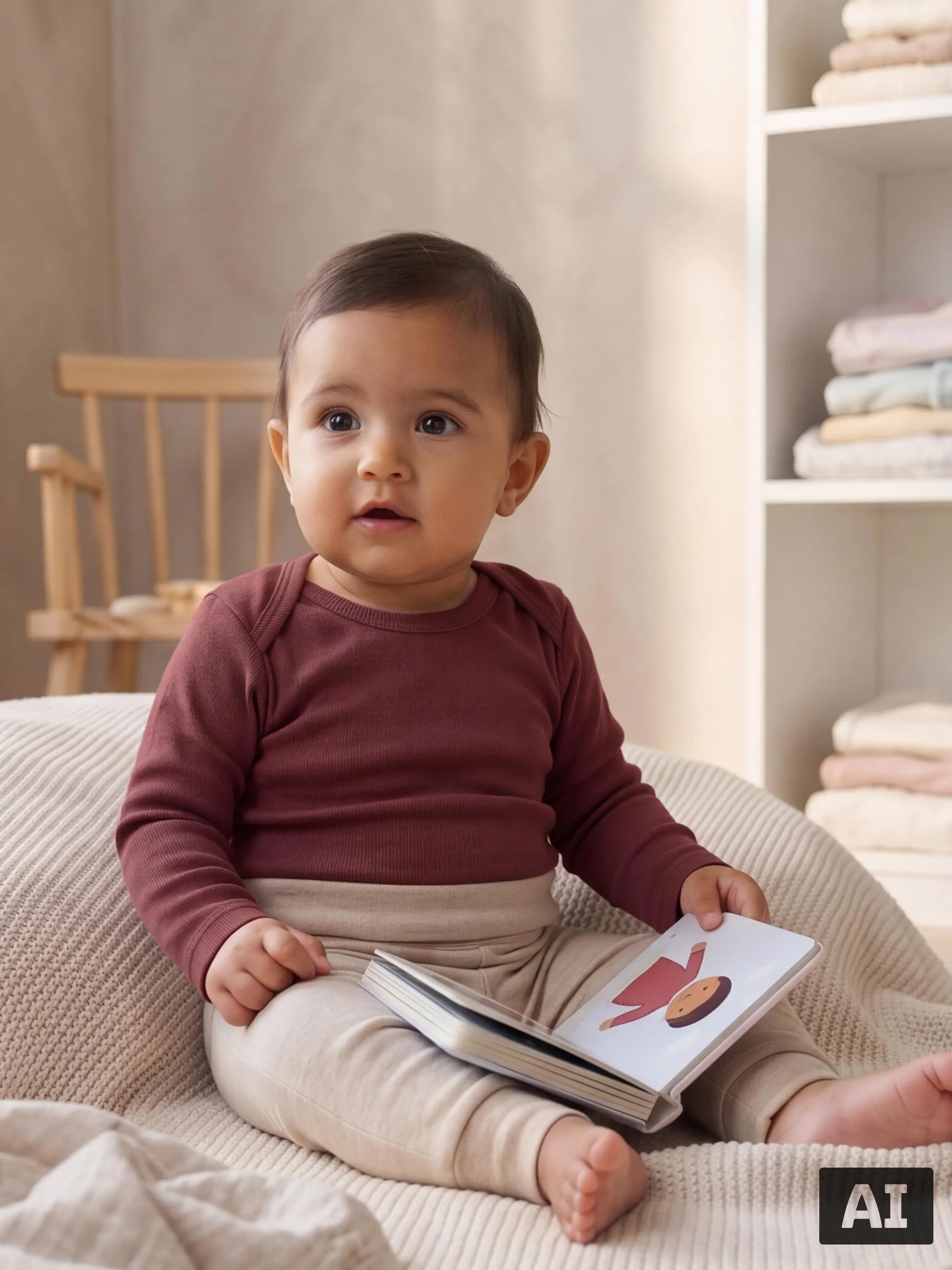 Baby in weinrotem Body und beiger Hose sitzt mit einem Buch auf einem Sitzsack.