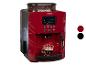 Rote Kaffeemaschine mit Kaffeebohnen, Display und einer Tasse Kaffee