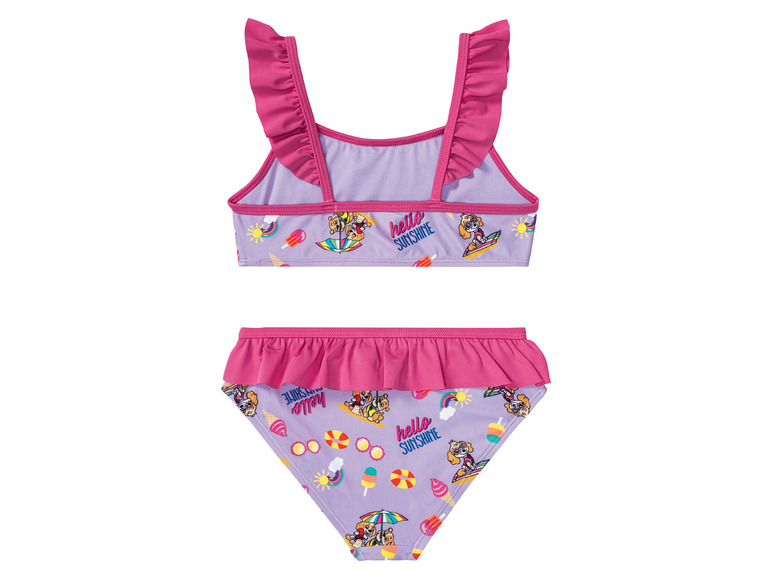 Lilafarbener Badeanzug mit rosafarbenen Details und Paw Patrol-Motiv