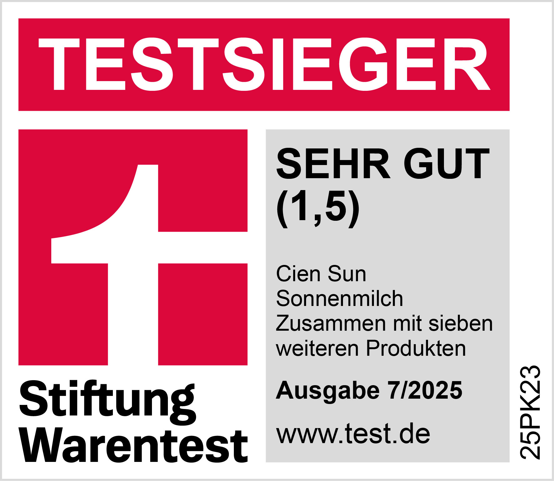 Testsieger-Siegel: Sehr gut (1,5), zusammen mit sieben weiteren Produkten, Ausgabe 7/2025.