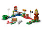 Lego Super Mario Figuren, darunter Mario, Bowser und Goomba, mit einer Brücke und einer Flagge.