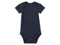Ein dunkelblauer Baby-Body mit kurzen Ärmeln.