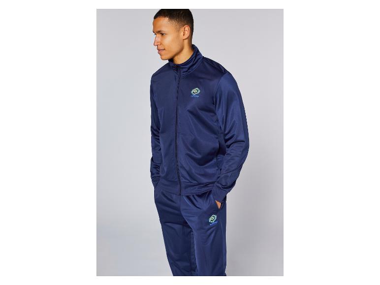 Marineblauer Herren-Trainingsanzug mit Reißverschlussjacke und Hose, mit Logo auf Brust und Oberschenkel.