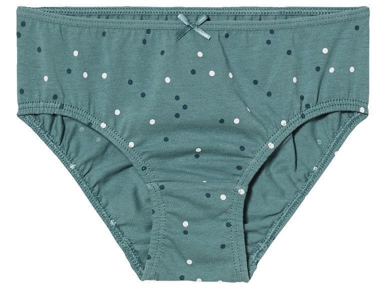 Ein Paar grüne Unterhosen mit weißen und blauen Punkten.