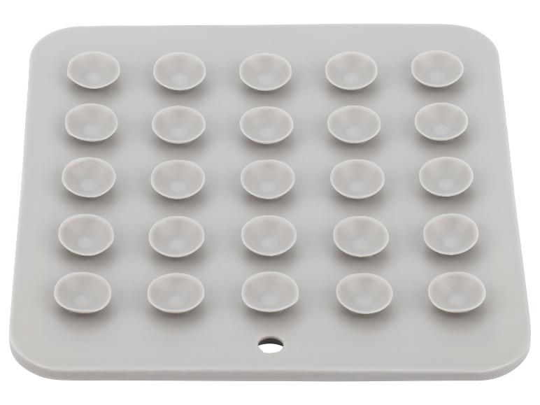Graue quadratische Silikon-Saugnapfmatte mit 25 Saugnäpfen und Aufhängeloch.