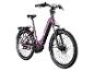 Lila E-Bike mit Gepäckträger und schwarzen Reifen.