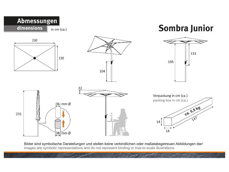 Maße von Sonnenschirm und Verpackung, mit Abmessungen in cm und Gewicht in kg.