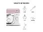 Rosa Küchenmaschine mit K-Haken, Schneebesen, Knethaken, Spatel und Spritzschutz.