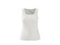 Weißes geripptes Damen-Tanktop mit Größenetikett am Hals.