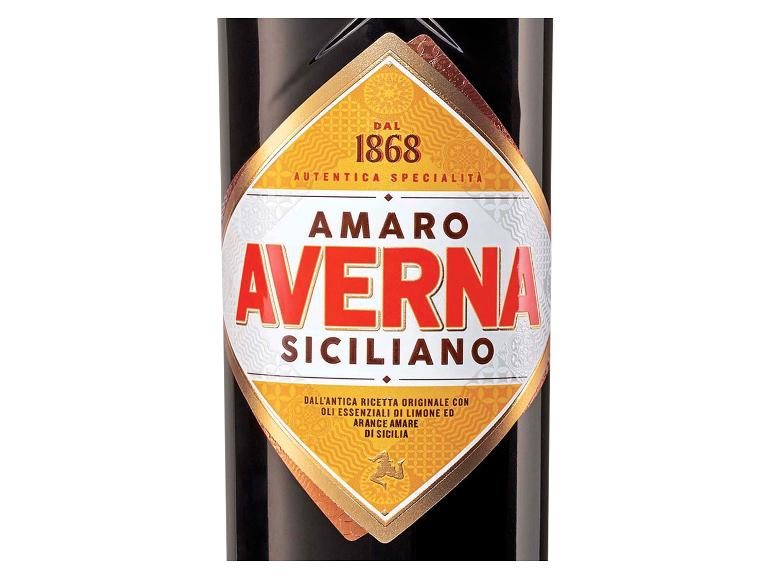 Etikett für einen italienischen Kräuterlikör, mit dem Namen „AMARO AVERNA SICILIANO“ und „DAL 1868“.