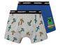 Zwei Minecraft-Boxershorts, eine mit einem grauen Muster aus Werkzeugen und eine mit einem blauen Creeper-Druck.