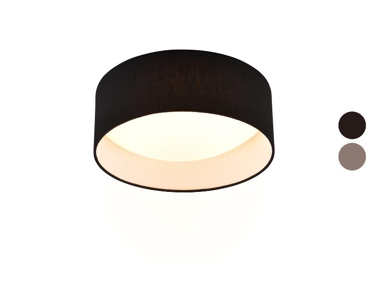 Schwarze Deckenlampe mit weißem Innenraum, die warmes Licht ausstrahlt.