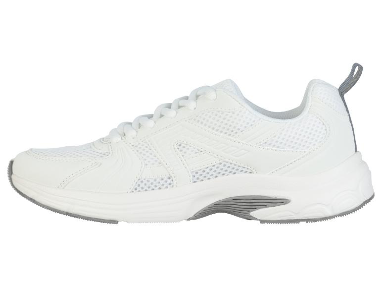 Weißer Sportschuh mit grauen Akzenten.