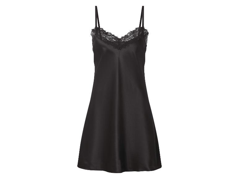 Schwarzes Satin-Nachthemd mit Spitzendetails am Ausschnitt