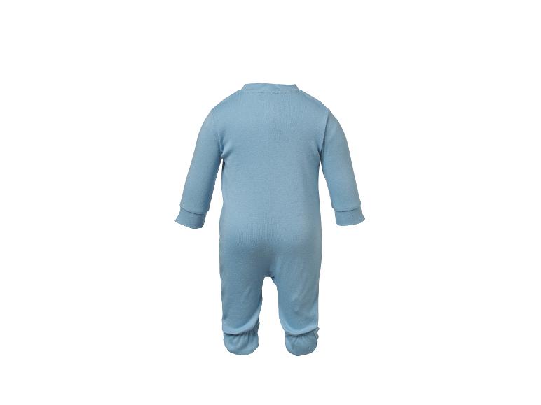 Hellblauer Babystrampler mit geschlossenen Füßen, Rückansicht.
