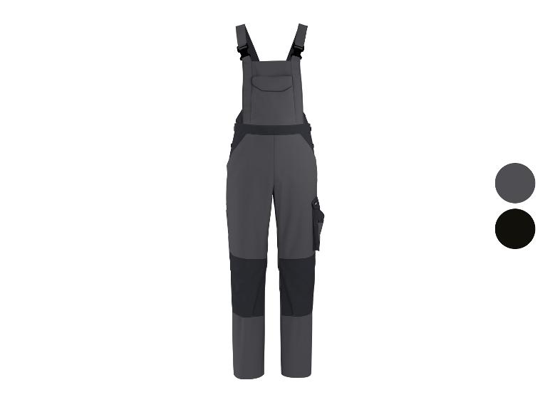 Graue und schwarze Arbeitslatzhose mit Taschen, gezeigt mit Farbmustern