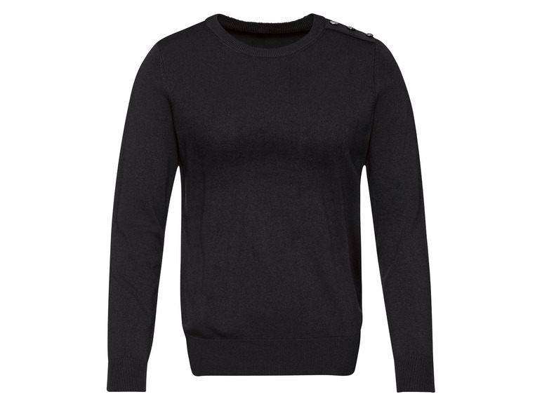 Schwarzer Pullover mit langen Ärmeln und Knöpfen an den Schultern.