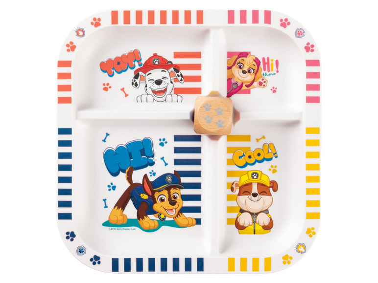 Ein vierfach unterteilter Teller mit Paw Patrol-Motiv für Kinder.