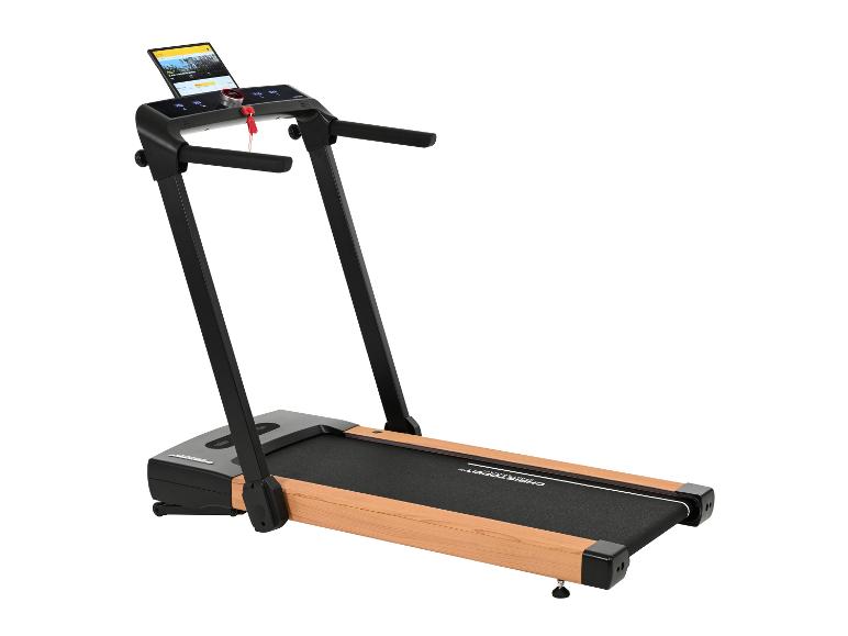 Schwarz-braunes Laufband mit Tablet auf dem Bedienfeld.