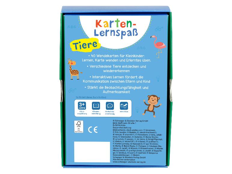 Lernkartenspiel 'Tiere' für Kinder, mit Giraffe, Flamingo und Affe.