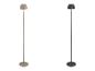 Zwei Stehlampen, eine beige mit glattem Schirm und eine schwarze mit plissiertem Schirm.