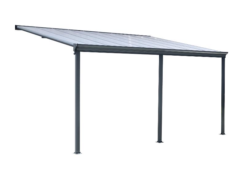 Graues Wand-Terrassendach mit transparentem Dach und drei Stützpfosten.