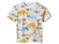 Weißes T-Shirt mit buntem Dinosaurier- und Palmenmuster.