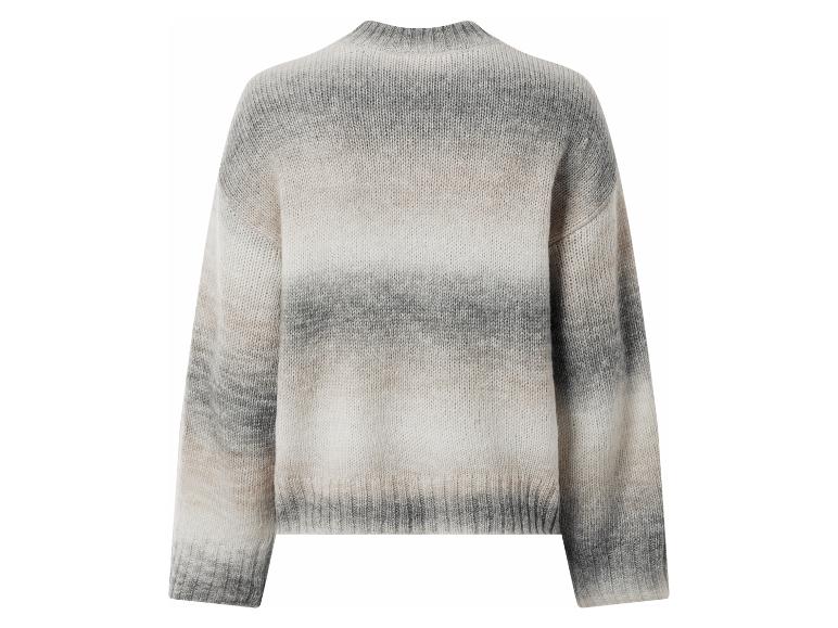 Rücken eines Damen-Strickpullovers mit grauem und beigem Farbverlaufsmuster.