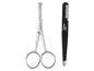 Eine silberne Schere und eine schwarze Pinzette von Livarno Home.