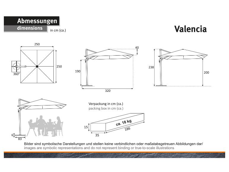 Abmessungen des Valencia Sonnenschirms, einschließlich Maße und Verpackung.