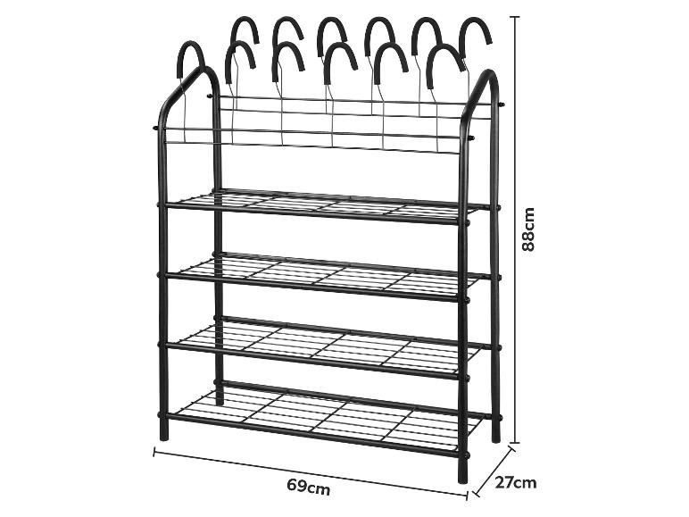 Schwarzes Metall-Schuhregal mit vier Ablagen und oberen Haken, Maße 88x69x27cm.