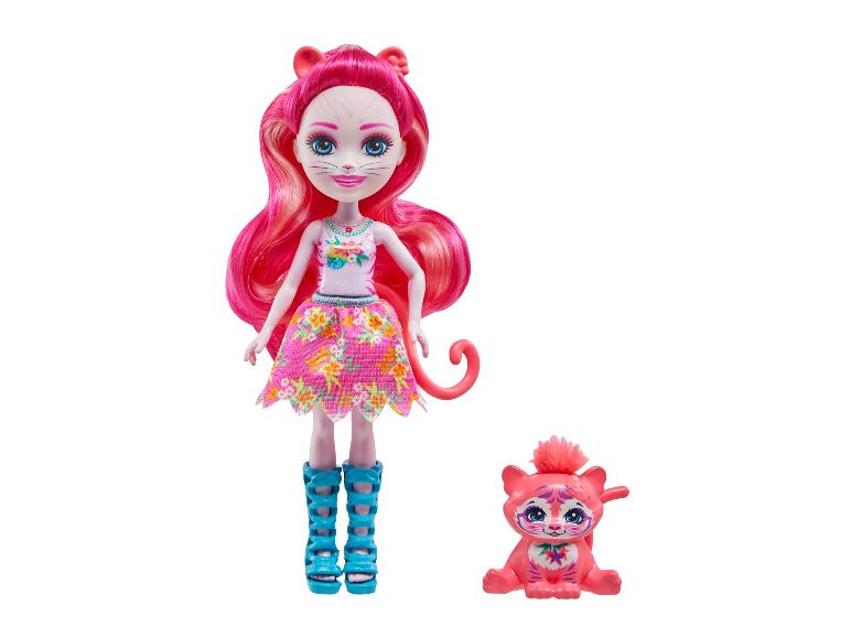 Enchantimals Puppe mit pinkem Haar und passender Katze.