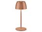 Kupferfarbene Tischlampe mit Standfuß und leuchtendem Schirm.