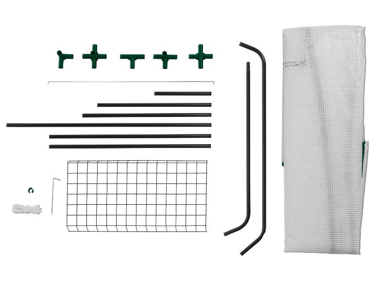Gartengewächshaus-Komponenten, einschließlich Rahmen, Verbindungsstücken, Abdeckung und Zubehör.