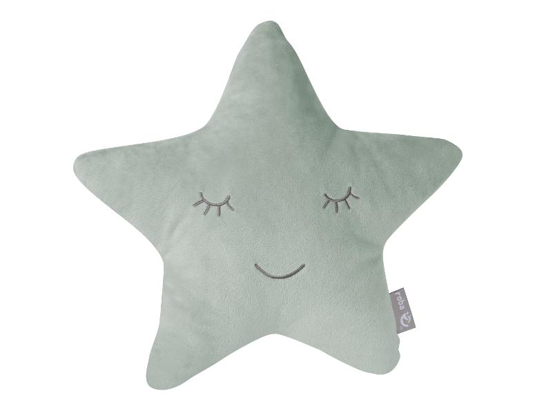 Grünes sternförmiges Plüschkissen mit gestickten Schlafaugen und einem Lächeln