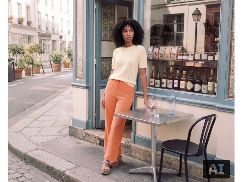 Frau in gelbem Strick-T-Shirt und orangefarbener Wide-Leg-Hose vor einem Geschäft.