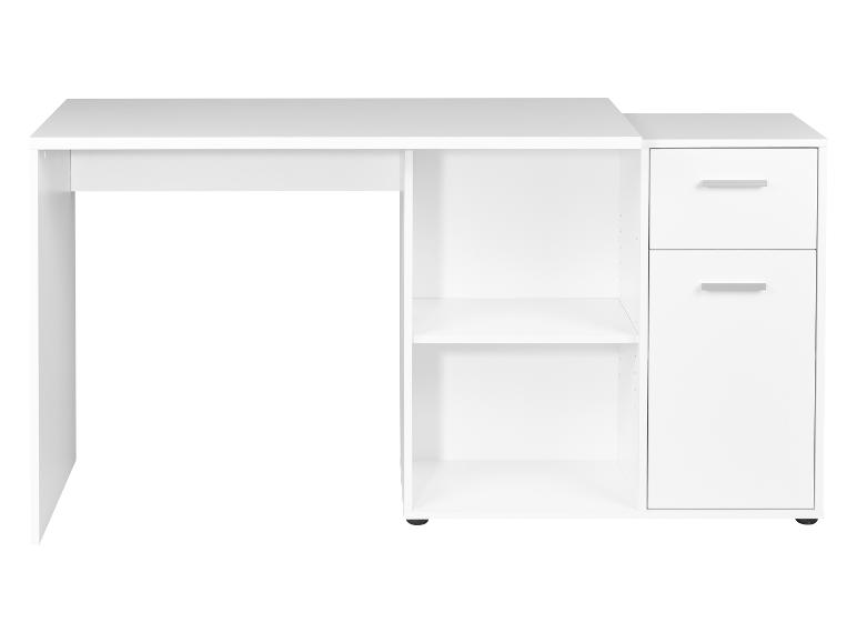 Weißer Schreibtisch mit Regalen und Schubladen, ideal für Büro oder Arbeitszimmer.
