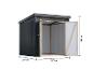 Schwarzer Metall-Gartenschuppen mit offener Tür und Maßen 209x207x213 cm.