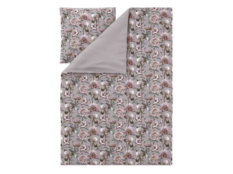 Florales Bettwäsche-Set mit grauem Hintergrund und rosa-braunen Blumen.