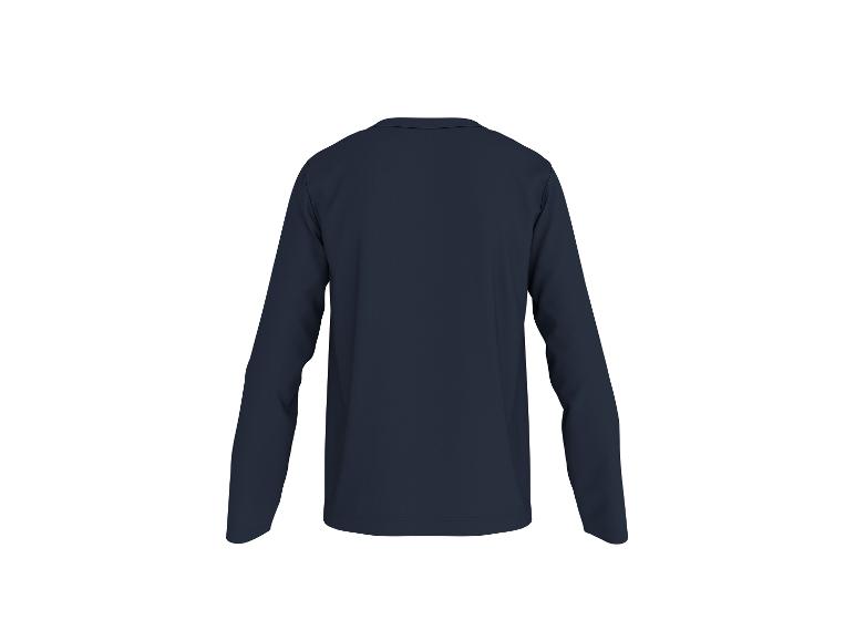 Dunkelblaues Langarmshirt auf weißem Hintergrund, Rückansicht.