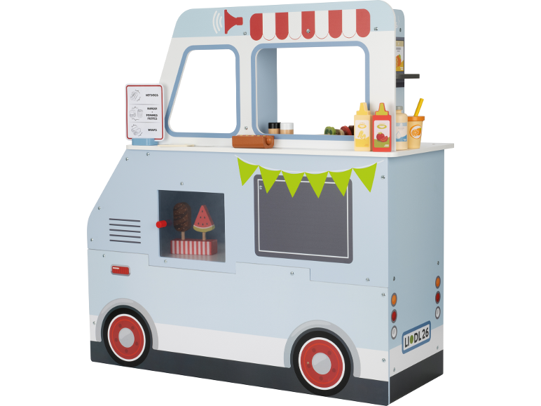 Kinderspielzeug-Foodtruck aus Holz mit Zubehör.