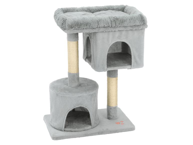 Grauer Katzenkratzbaum mit zwei Höhlen, zwei Kratzstämmen und einer oberen Liegefläche.