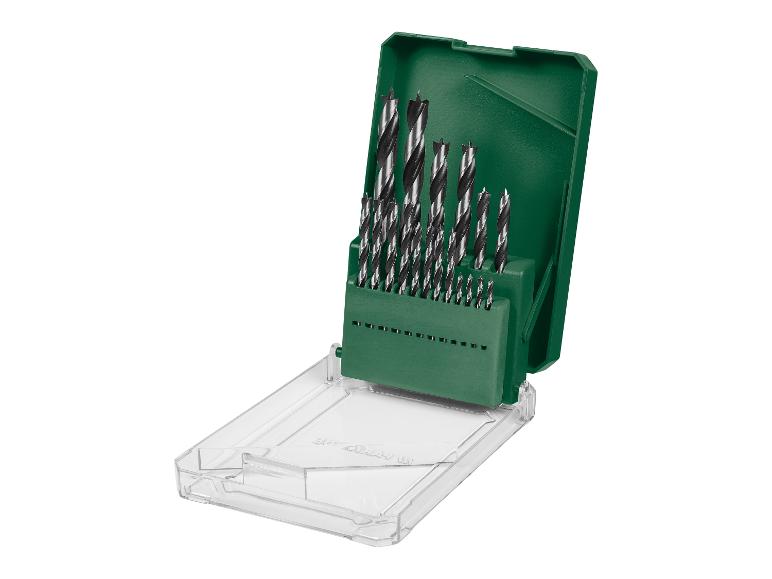 Ein Satz Bohrer in einer grünen und transparenten Box.