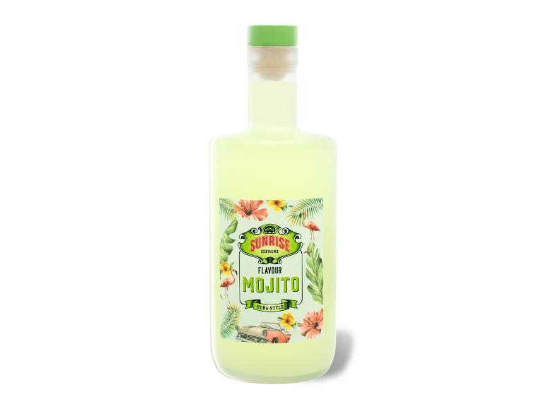 Mojito-Cocktailmix-Flasche mit tropischem Etikett, das Flamingos und ein Oldtimer zeigt.